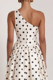 One Shoulder A-Line Satin Black White Dots Long Formal Dress