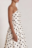 One Shoulder A-Line Satin Black White Dots Long Formal Dress