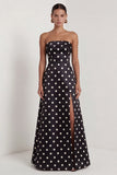 A-Line Satin Black White Dots Strapless Long Formal Dress with Slit