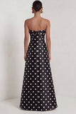 A-Line Satin Black White Dots Strapless Long Formal Dress with Slit
