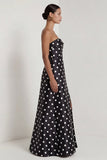 A-Line Satin Black White Dots Strapless Long Formal Dress with Slit