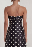 A-Line Satin Black White Dots Strapless Long Formal Dress with Slit