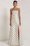 A-Line Satin Black White Dots Strapless Long Formal Dress with Slit