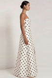 A-Line Satin Black White Dots Strapless Long Formal Dress with Slit