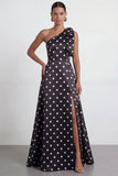 A-Line Satin Black White Dots One Shoulder Long Formal Dress with Slit