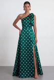 A-Line Satin Black White Dots One Shoulder Long Formal Dress with Slit