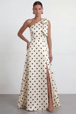 A-Line Satin Black White Dots One Shoulder Long Formal Dress with Slit