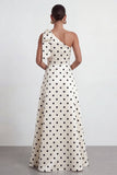 A-Line Satin Black White Dots One Shoulder Long Formal Dress with Slit