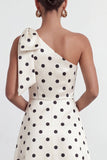 A-Line Satin Black White Dots One Shoulder Long Formal Dress with Slit