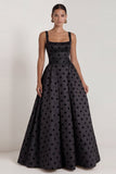 A-Line Satin Black White Dots Square Neck Long Formal Dress with Bow