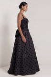 A-Line Satin Black White Dots Square Neck Long Formal Dress with Bow