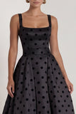 A-Line Satin Black White Dots Square Neck Long Formal Dress with Bow