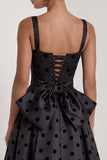 A-Line Satin Black White Dots Square Neck Long Formal Dress with Bow
