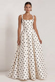A-Line Satin Black White Dots Square Neck Long Formal Dress with Bow