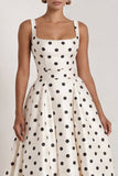 A-Line Satin Black White Dots Square Neck Long Formal Dress with Bow
