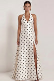 A-Line Satin Black White Dots Halter Neck Long Formal Dress with Slit