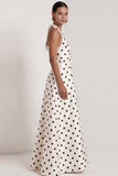 A-Line Satin Black White Dots Halter Neck Long Formal Dress with Slit