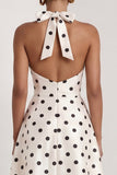 A-Line Satin Black White Dots Halter Neck Long Formal Dress with Slit