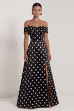 Satin Black White Dots Off the Shoulder A-Line Long Formal Dress with Slit