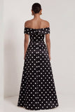 Satin Black White Dots Off the Shoulder A-Line Long Formal Dress with Slit