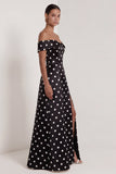 Satin Black White Dots Off the Shoulder A-Line Long Formal Dress with Slit