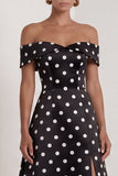 Satin Black White Dots Off the Shoulder A-Line Long Formal Dress with Slit