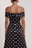 Satin Black White Dots Off the Shoulder A-Line Long Formal Dress with Slit