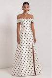 Satin Black White Dots Off the Shoulder A-Line Long Formal Dress with Slit