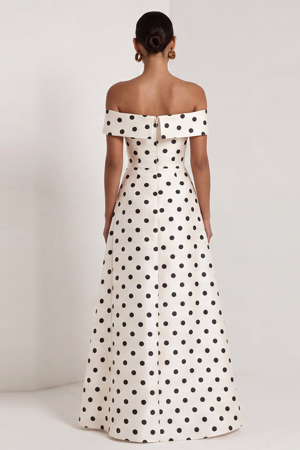 ZAPAKA Women Satin Black White Dots Formal Dress Off the Shoulder A-Line Long Wedding Guest Dress with Slit, White / US12