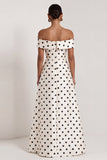 Satin Black White Dots Off the Shoulder A-Line Long Formal Dress with Slit