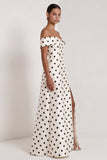 Satin Black White Dots Off the Shoulder A-Line Long Formal Dress with Slit