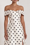 Satin Black White Dots Off the Shoulder A-Line Long Formal Dress with Slit