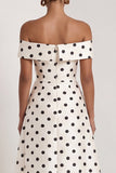 Satin Black White Dots Off the Shoulder A-Line Long Formal Dress with Slit