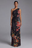One Shoulder Printed Sheath Black Floral Dress