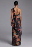 One Shoulder Printed Sheath Black Floral Dress