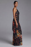 One Shoulder Printed Sheath Black Floral Dress