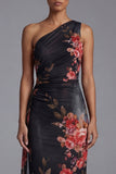 One Shoulder Printed Sheath Black Floral Dress