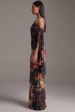 Asymmetrical Neck Black Mermaid Printed Ruched Floral Dress