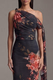 Asymmetrical Neck Black Mermaid Printed Ruched Floral Dress