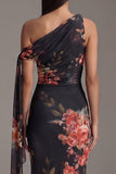Asymmetrical Neck Black Mermaid Printed Ruched Floral Dress