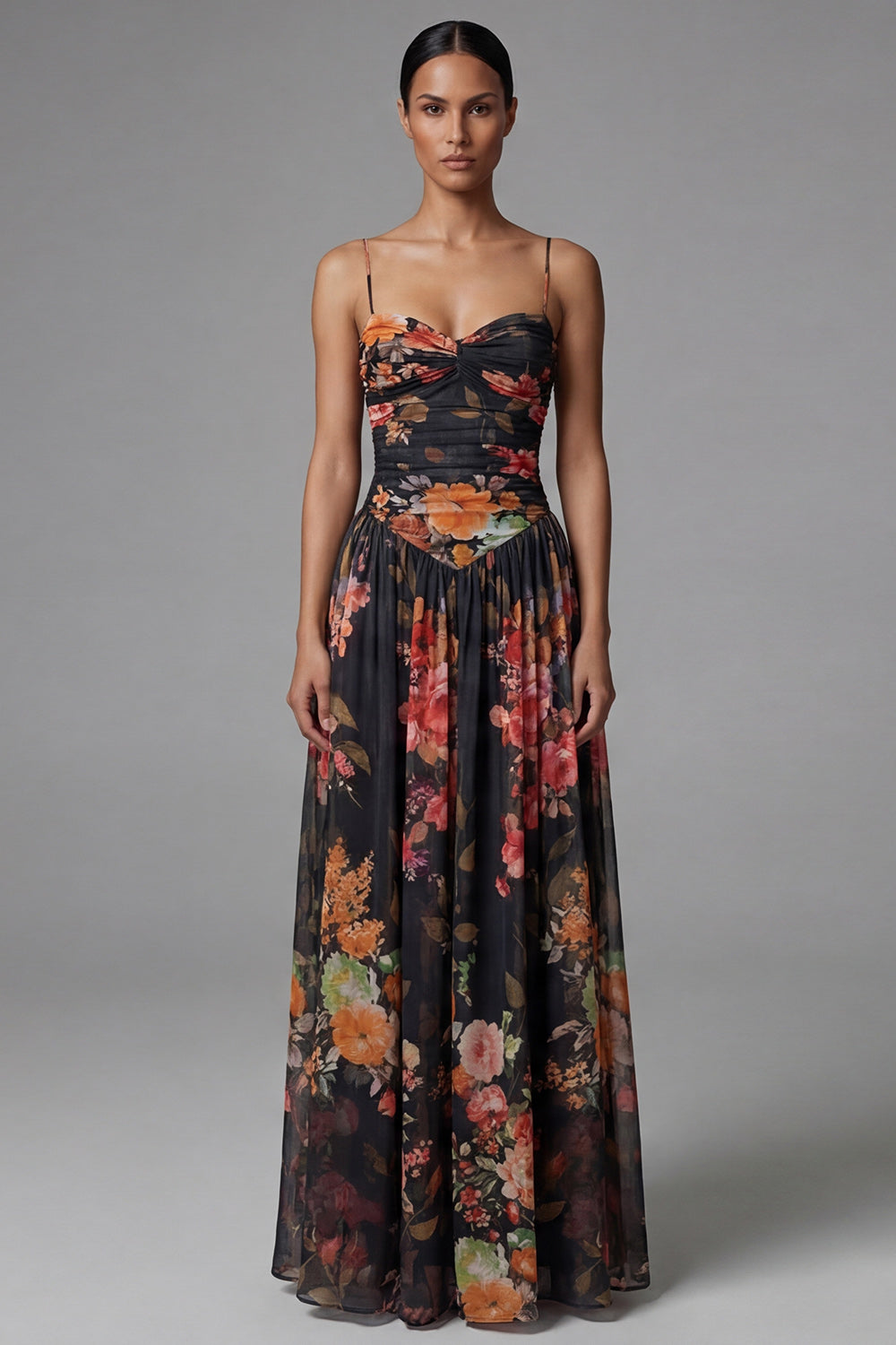 ZAPAKA Women Black Floral Formal Dress Spaghetti Straps A Line Printed
