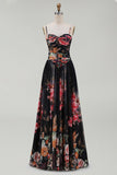 Printed Spaghetti Straps Black A Line Floral Dress