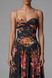 Printed Spaghetti Straps Black A Line Floral Dress