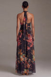 Halter Black Printed A Line Floral Dress