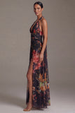 Halter Black Printed A Line Floral Dress