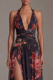 Halter Black Printed A Line Floral Dress