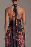 Halter Black Printed A Line Floral Dress