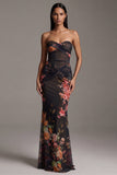 Strapless Ruched Black Mermaid Printed Floral Dress