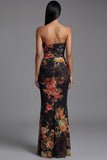 Strapless Ruched Black Mermaid Printed Floral Dress