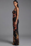Strapless Ruched Black Mermaid Printed Floral Dress